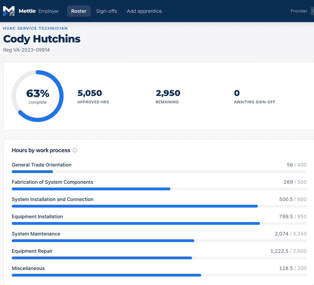 Mettle apprentice detail: completion ring and hours by work process area against targets